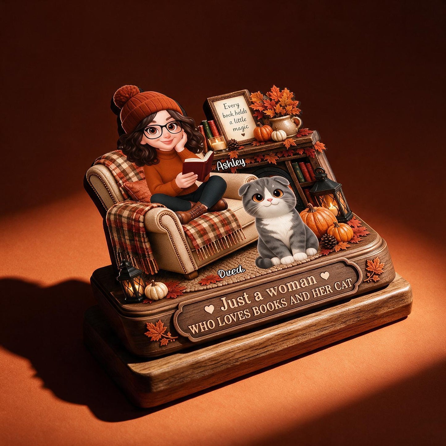 Herbst Just a Woman Who Loves Books and Her Cat Personalisierte 2-Layer Holzplakette - Geschenk für Katzenliebhaber
