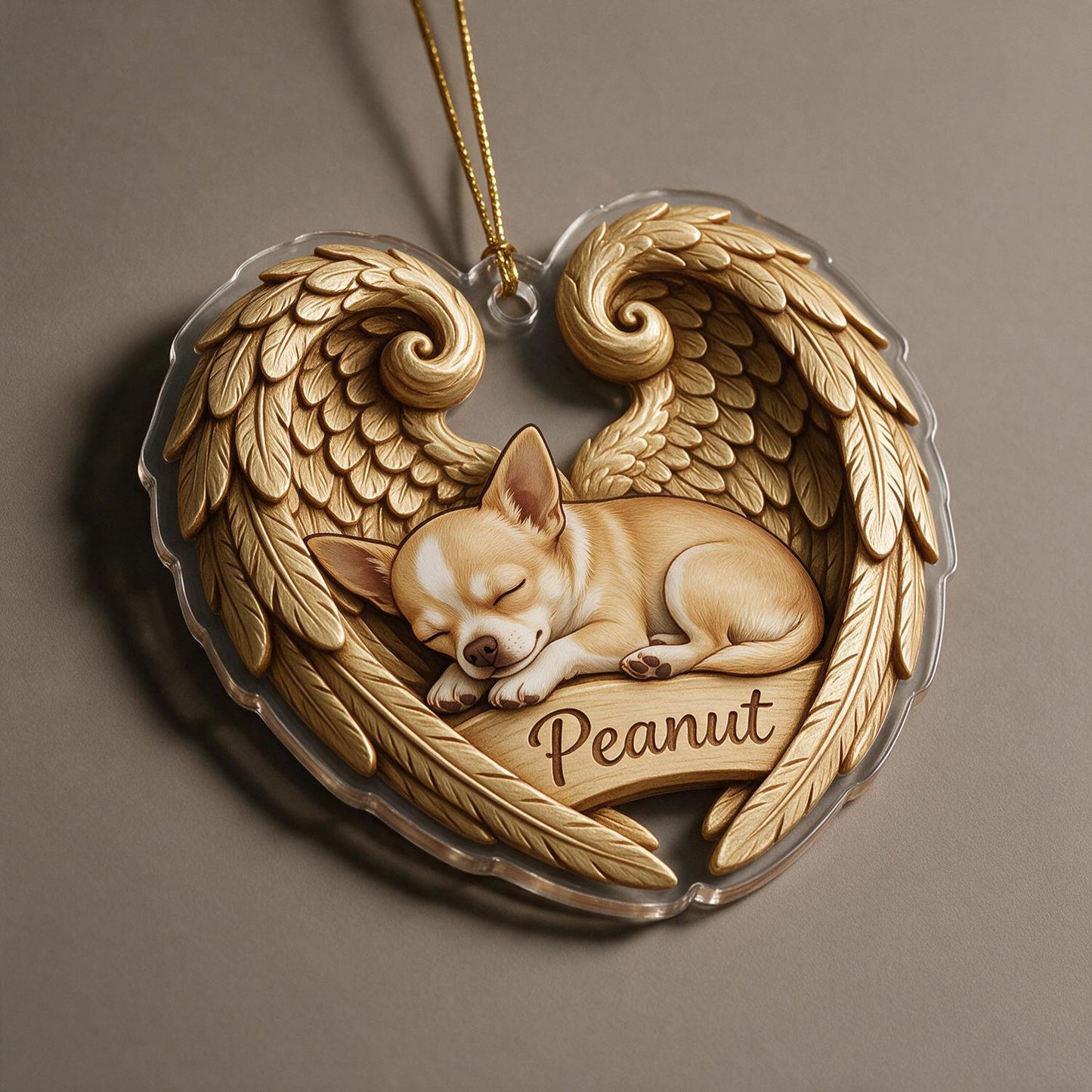 Sleeping Chihuahua Golden Angel Wings Heart Acrylic Ornament - Personalized Pet Memorial Sympathy Gift for Dog Lovers