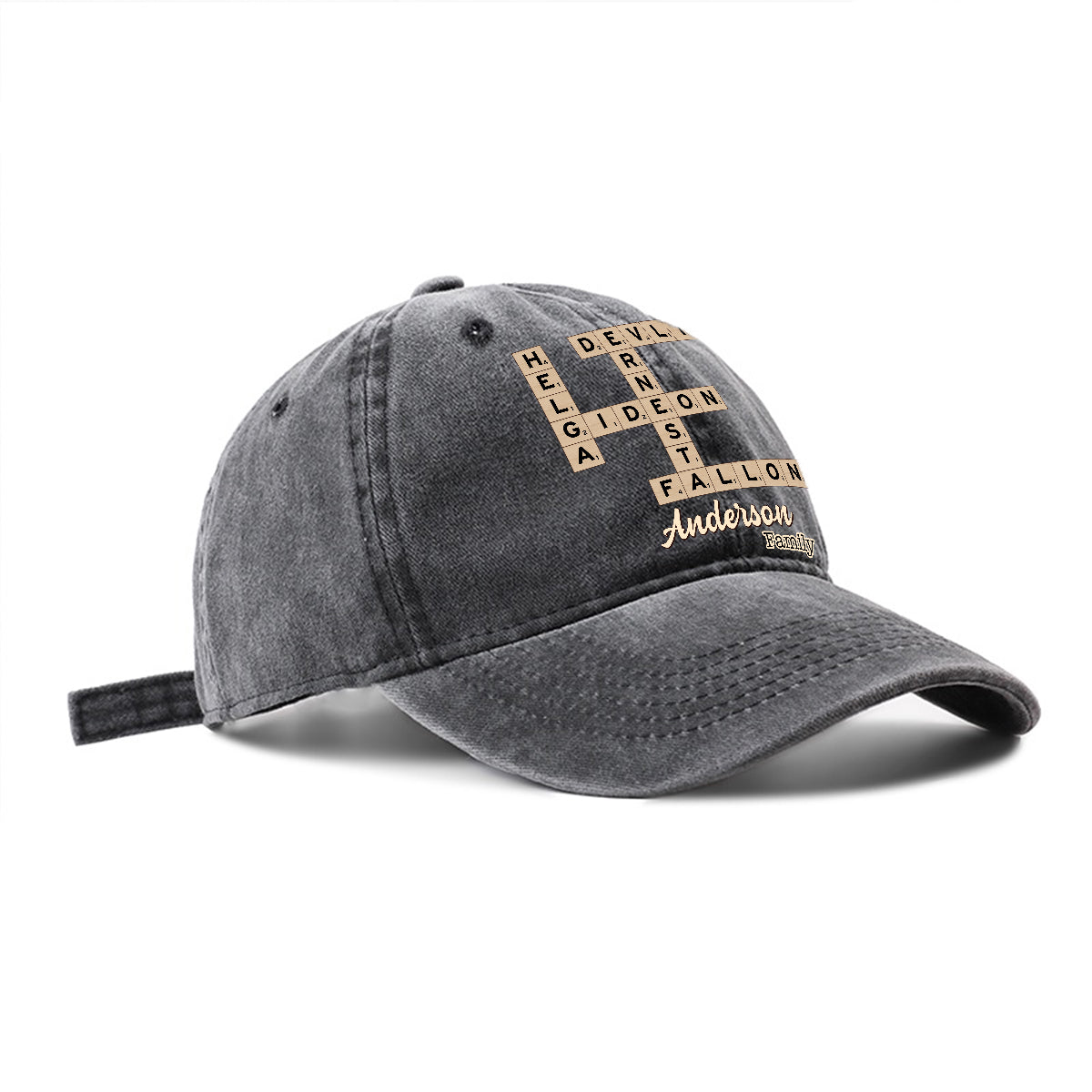 Scrabble-Kreuzworträtsel „Liebe Familie“ – Personalisierte Scrabble-Jeanskappe aus gewaschenem Denim