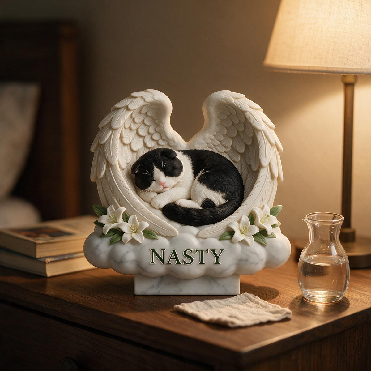 Custom Photo Sleeping Tuxedo Cat Angel Wings Acrylic Block Plaque Pet Memorial Gift
