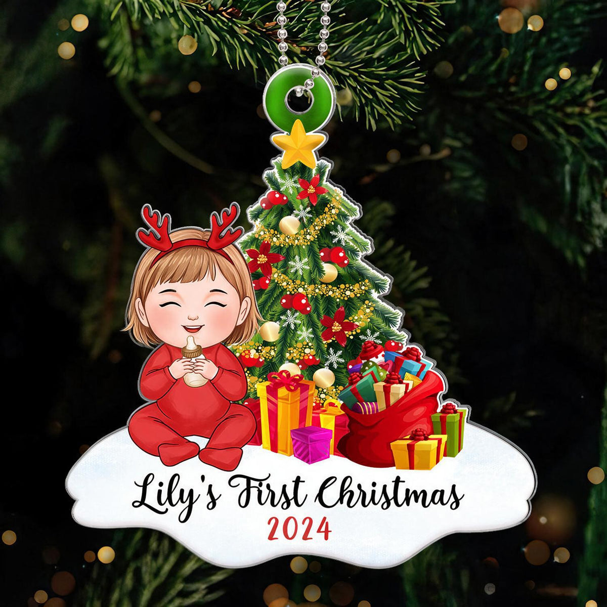 Baby Girl First Christmas Personalized Acrylic Ornament - Reindeer Headband, Christmas Tree, Custom Name Year New Baby Gift