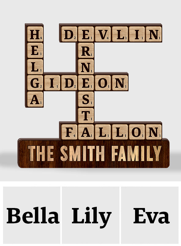 Kreuzworträtsel „Liebe Familie“ mit individuellem Namen – personalisierte Scrabble-Holzplakette in individueller Form
