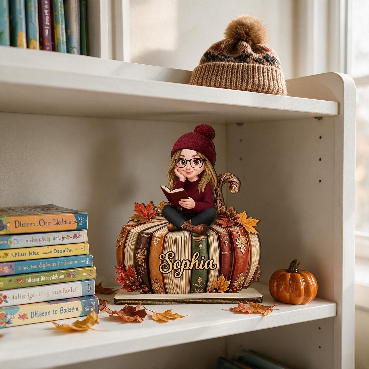 Personalized Fall Girl Reading Pumpkin Books 2-Layer Wooden Plaque - Book Lover Daughter Autumn Gift Home Decor