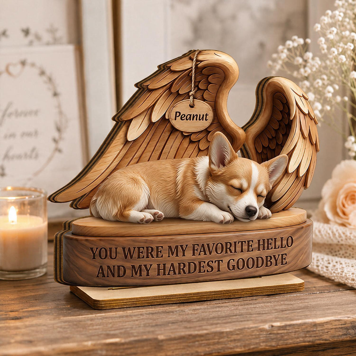 Personalized Corgi Angel Wings Pet Memorial 2-Layer Wooden Plaque - Favorite Hello Hardest Goodbye Sympathy Gift for Dog Loss