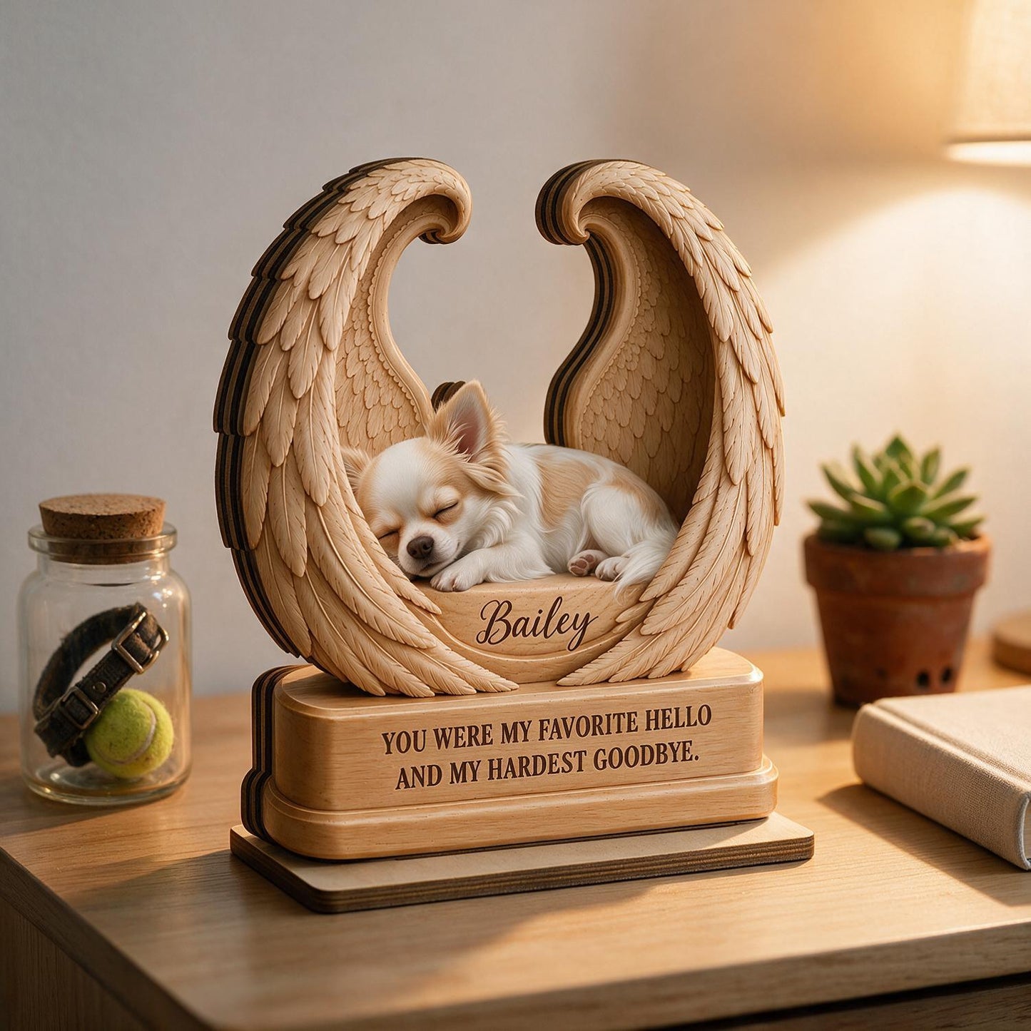 Personalized Sleeping Chihuahua in Angel Wings 2-Layer Wooden Pet Memorial Plaque - Dog Loss Sympathy Gift Keepsake