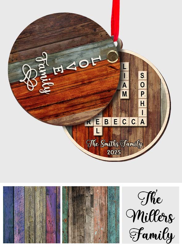 „Liebe Familie“-Kreuzworträtsel/Scrabble-Puzzle – Personalisierter Familien-Wende-Ornament