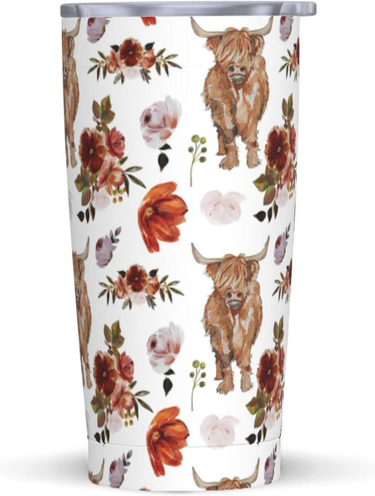 Floral Highland Cow Pattern Highland Cow Tumbler 0624