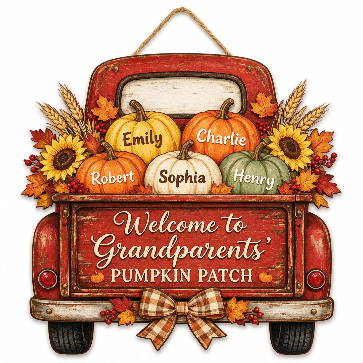 Personalized Grandparents' Pumpkin Patch Red Truck Wood Sign - Custom Named Pumpkins Fall Home Decor Gift for Grandma & Grandpa
