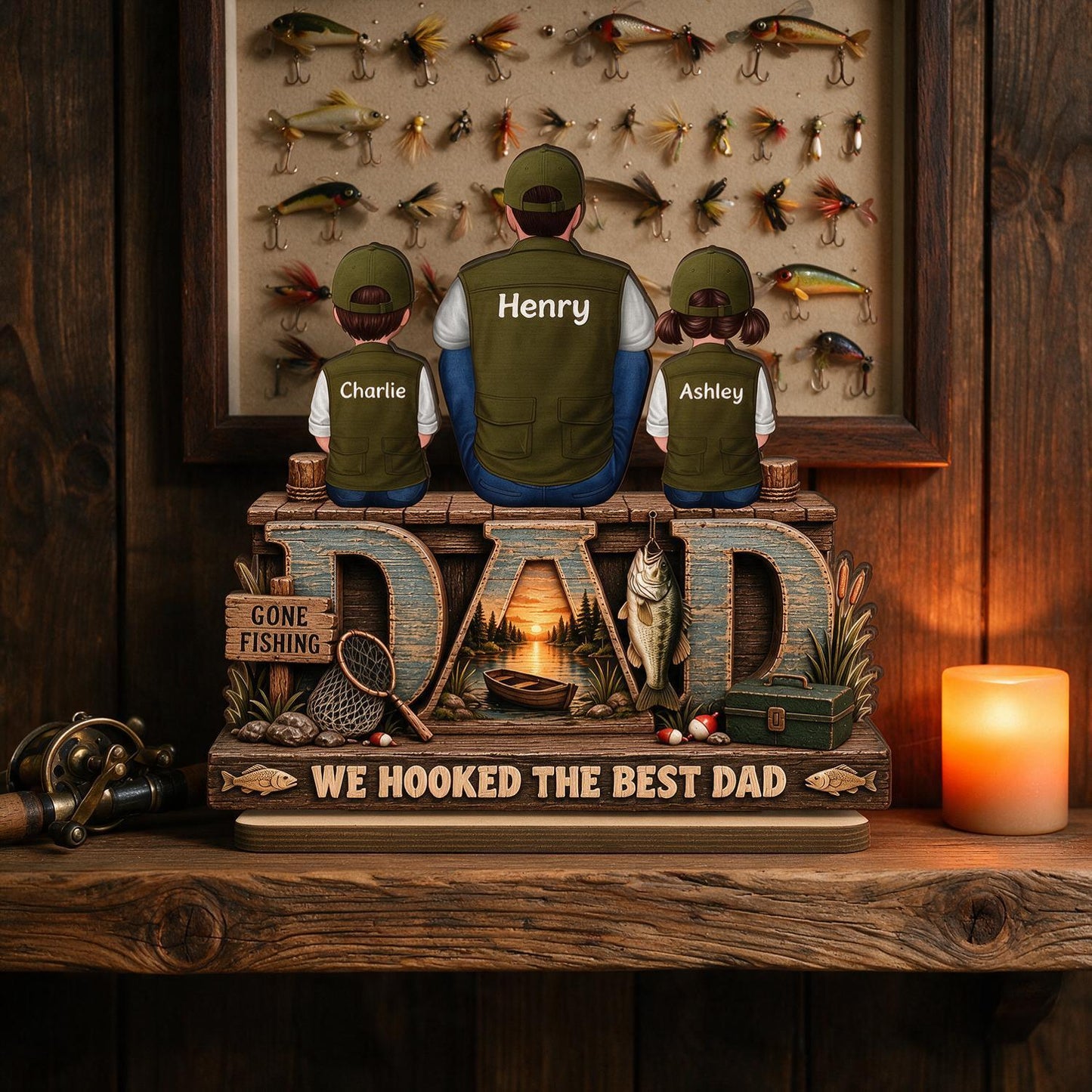We Hooked The Best Dad Personalized 2-Layered Wooden Plaque - Father's Day Gift for Fishing Dad with Kids Names
