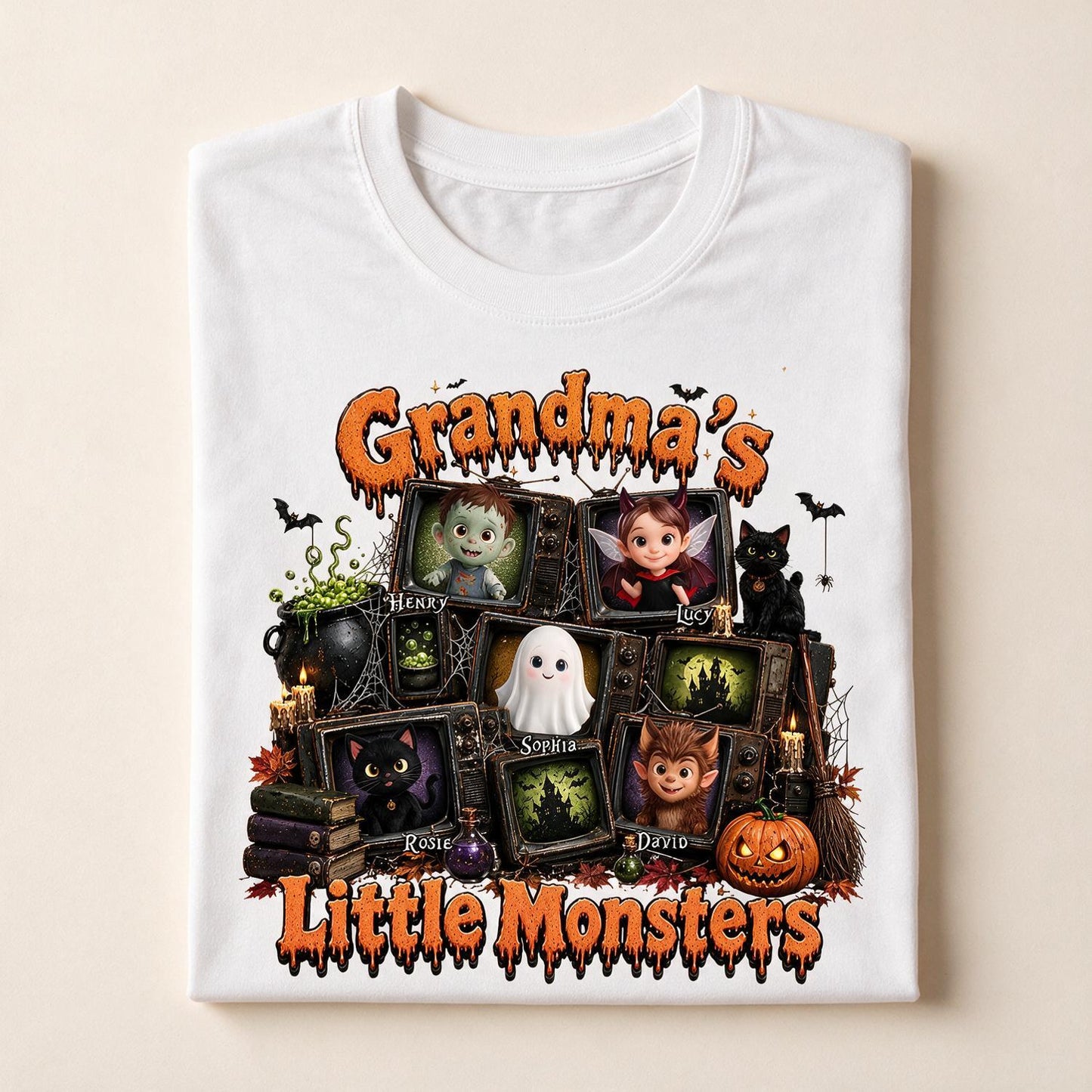 Grandma's Little Monsters Halloween Personalized Shirt - Vintage TV Grandkids Spooky Gift for Grandma