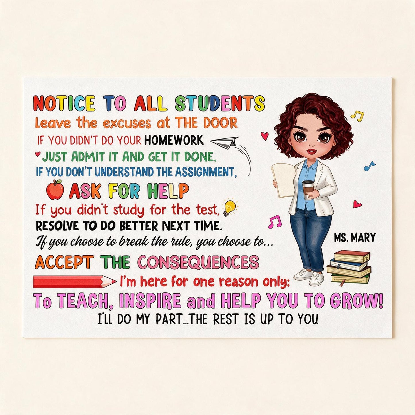 Personalisierter Hinweis an alle Schüler Horizontales Poster, Lehrer Klassenregeln Wanddekoration, Geschenk für Lehrer zum Schulanfang
