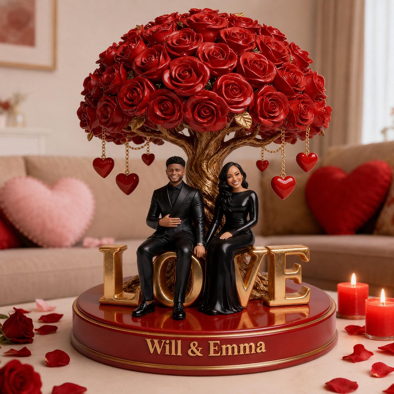 Custom Black Couple Figurine Under Red Rose Tree, Engraved Name Statue, Romantic Anniversary & Wedding Gift Home Decor Keepsake