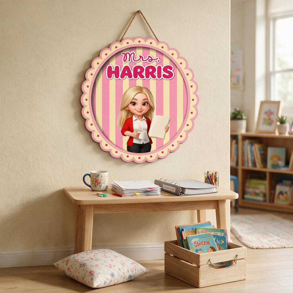 Personalized Coquette Pink Striped Teacher Wood Door Sign - Custom Name Classroom Decor Back To School Gift for Teachers