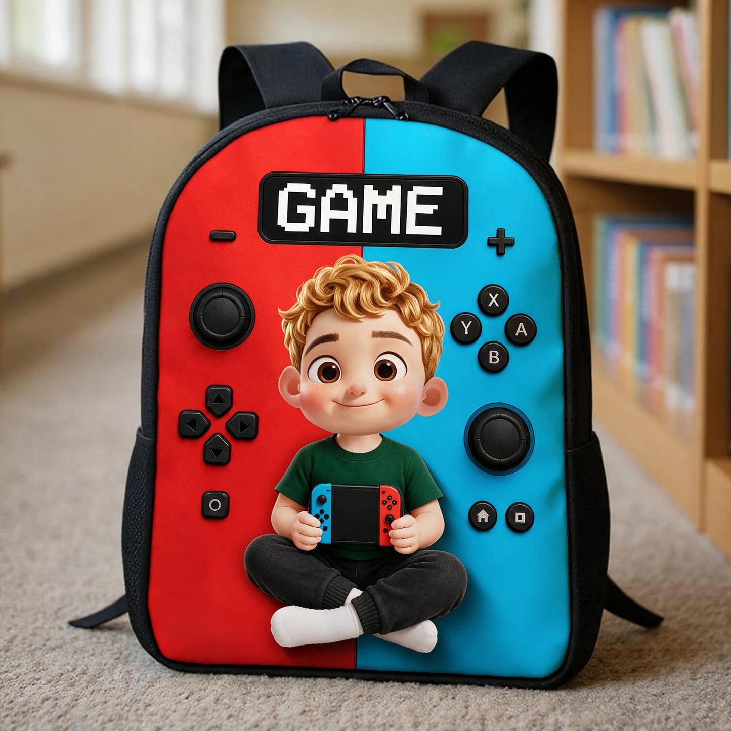 Personalized Gamer Boy Controller Backpack - Red Blue Split Switch-Style Design - Back to School Gift for Young Kids