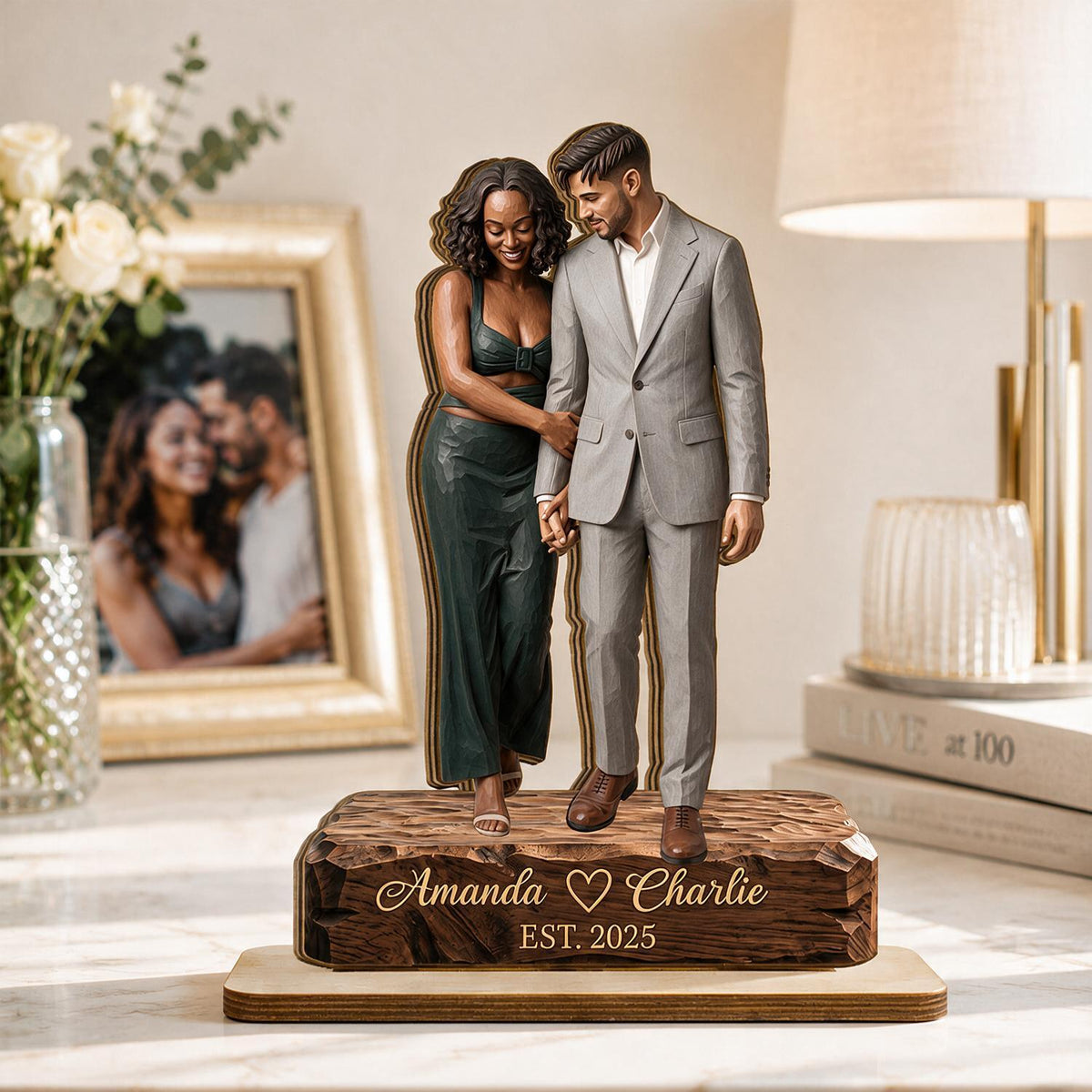 Personalized Couple 2-Layer Wooden Portrait Plaque - Custom Names & Date Wedding Anniversary Gift for Her Him