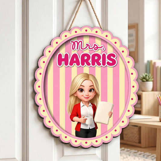 Personalisierte Coquette Pink Gestreifte Lehrer Holz Türschild - Individueller Name Klassenzimmer Dekor Zurück zur Schule Geschenk für Lehrer