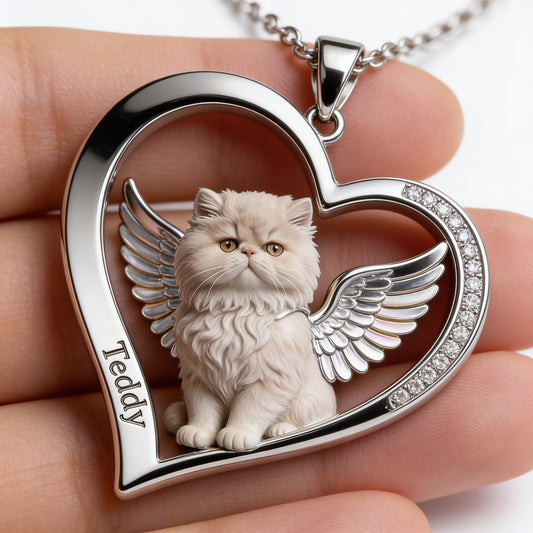 Persian Cat Angel Wings Heart Necklace, Personalized Pet Loss Memorial Jewelry Gift for Cat Lovers