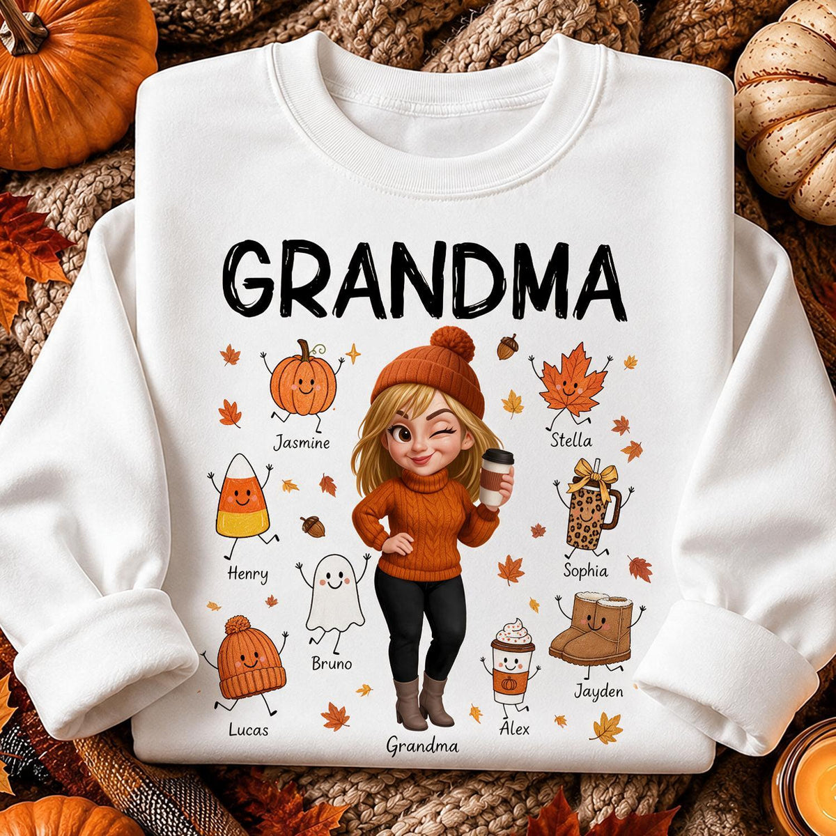 Personalized Grandma Fall Sweatshirt, Custom Grandkids Names Cute Fall Doodle Characters, Thanksgiving Gift for Grandma