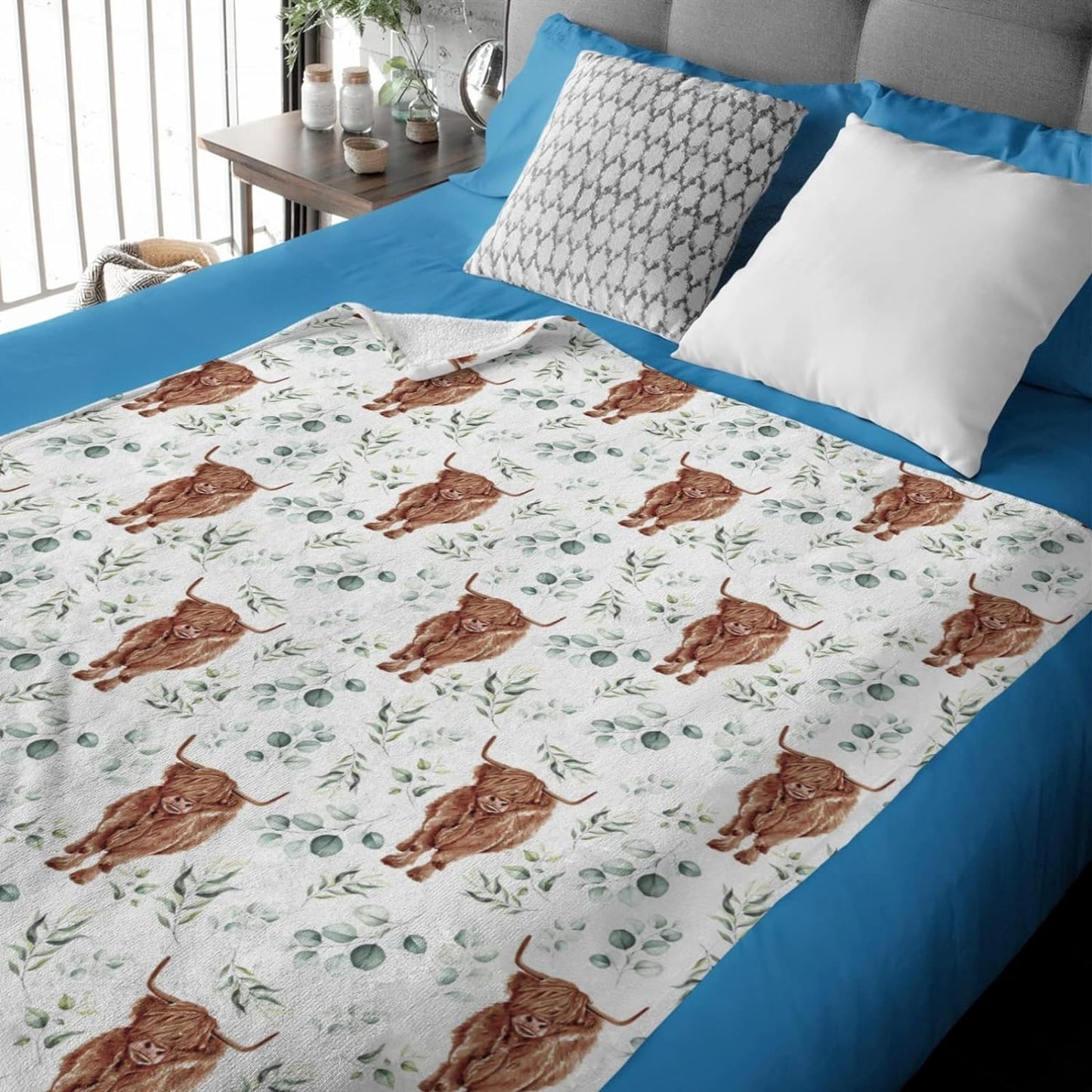 Floral Highland Cow Pattern Highland Cow Blanket 0624