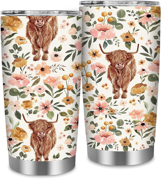 Floral Highland Cow Pattern Highland Cow Tumbler 0624