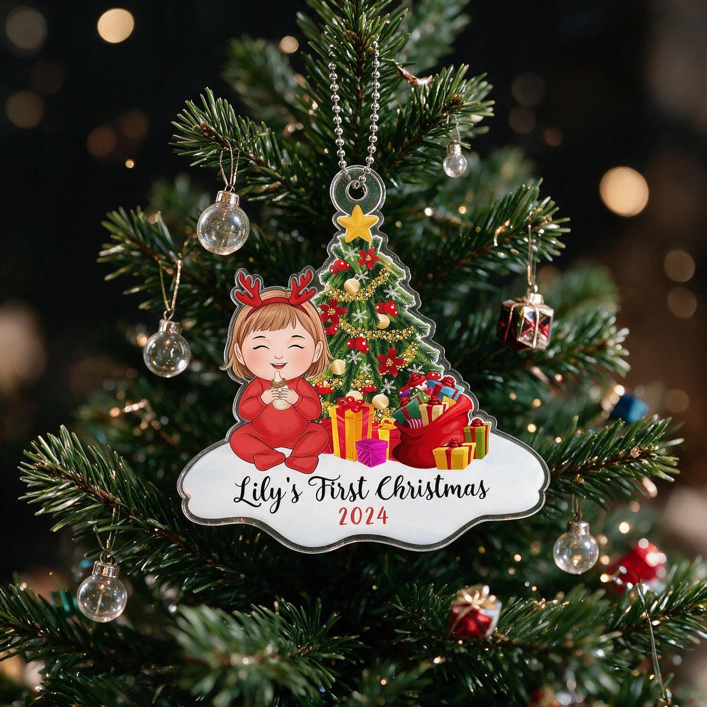 Baby Girl First Christmas Personalized Acrylic Ornament - Reindeer Headband, Christmas Tree, Custom Name Year New Baby Gift