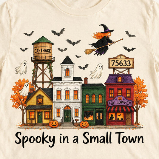 Custom Photo Halloween Spooky Small Town Shirt, Personalized Town Name & Zip Code Fall Tee