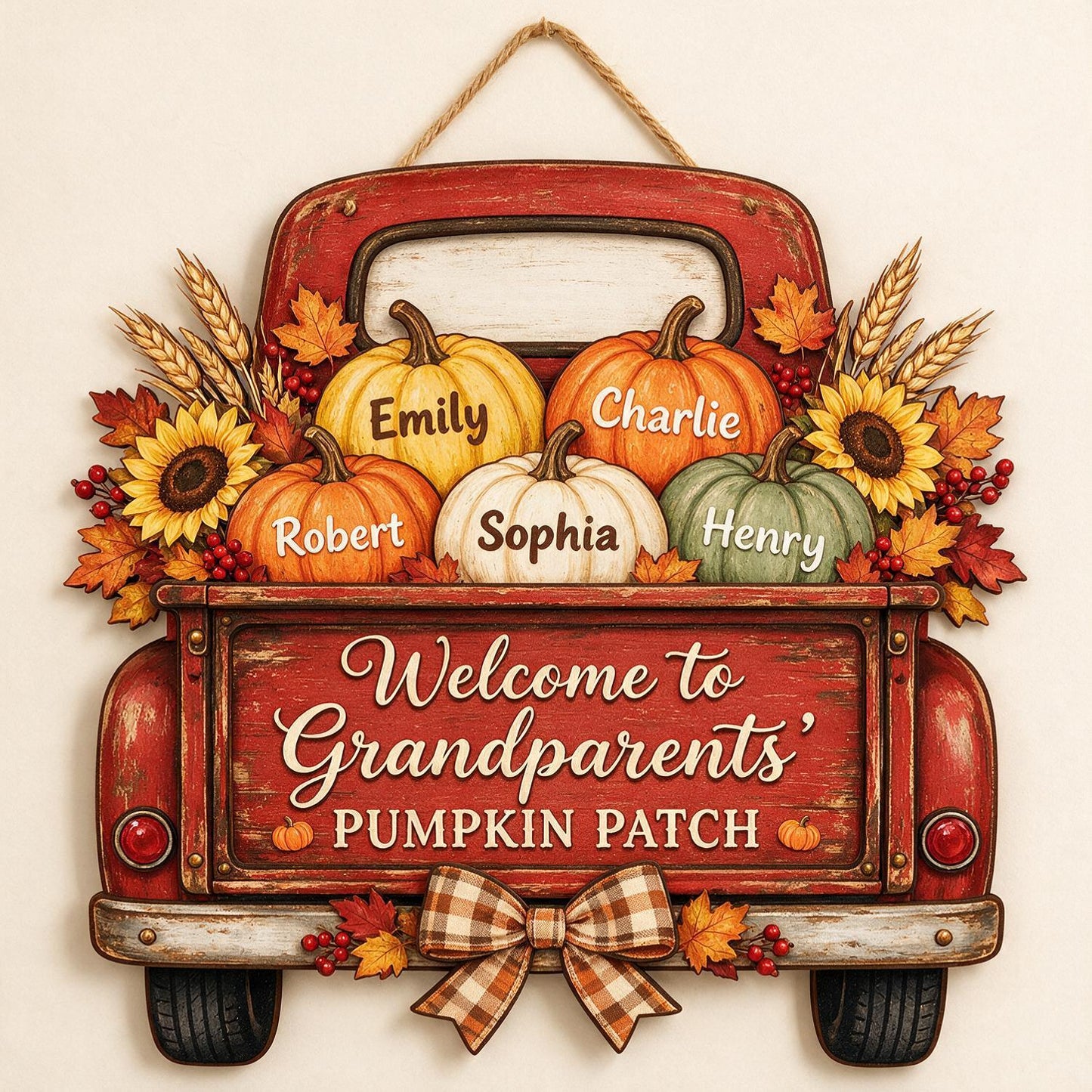 Personalized Grandparents' Pumpkin Patch Red Truck Wood Sign - Custom Named Pumpkins Fall Home Decor Gift for Grandma & Grandpa