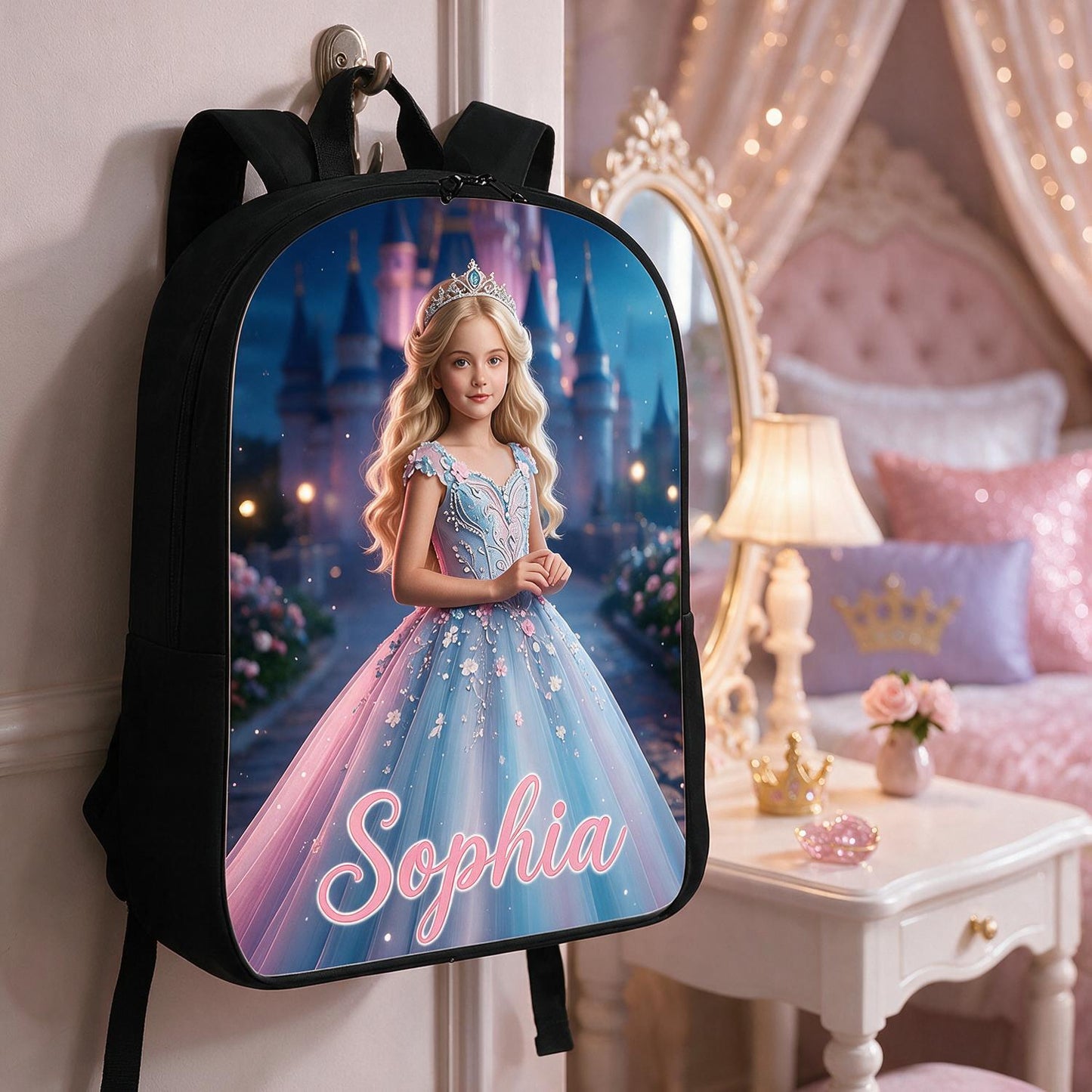 Personalized Princess Backpack - Blonde Princess Blue Pink Gown Castle - Custom Name Back to School Gift for Girls