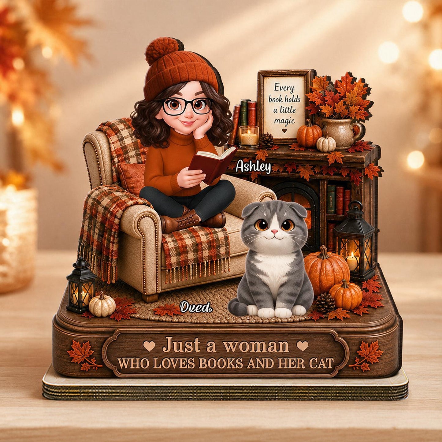 Herbst Just a Woman Who Loves Books and Her Cat Personalisierte 2-Layer Holzplakette - Geschenk für Katzenliebhaber