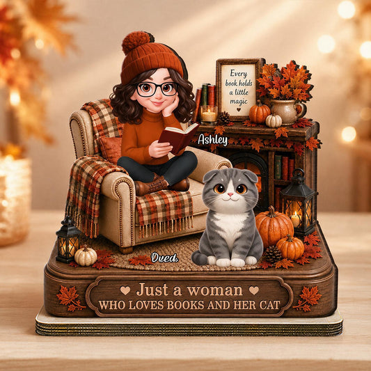 Herbst Just a Woman Who Loves Books and Her Cat Personalisierte 2-Layer Holzplakette - Geschenk für Katzenliebhaber