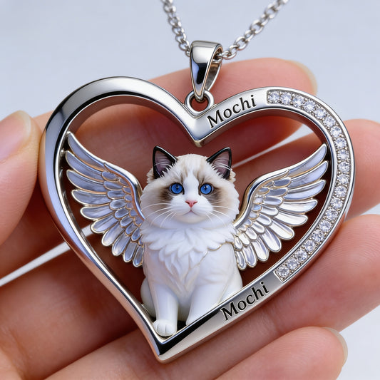 Ragdoll Cat Angel Wings Heart Necklace, Personalized Pet Loss Memorial Jewelry Gift for Cat Lovers