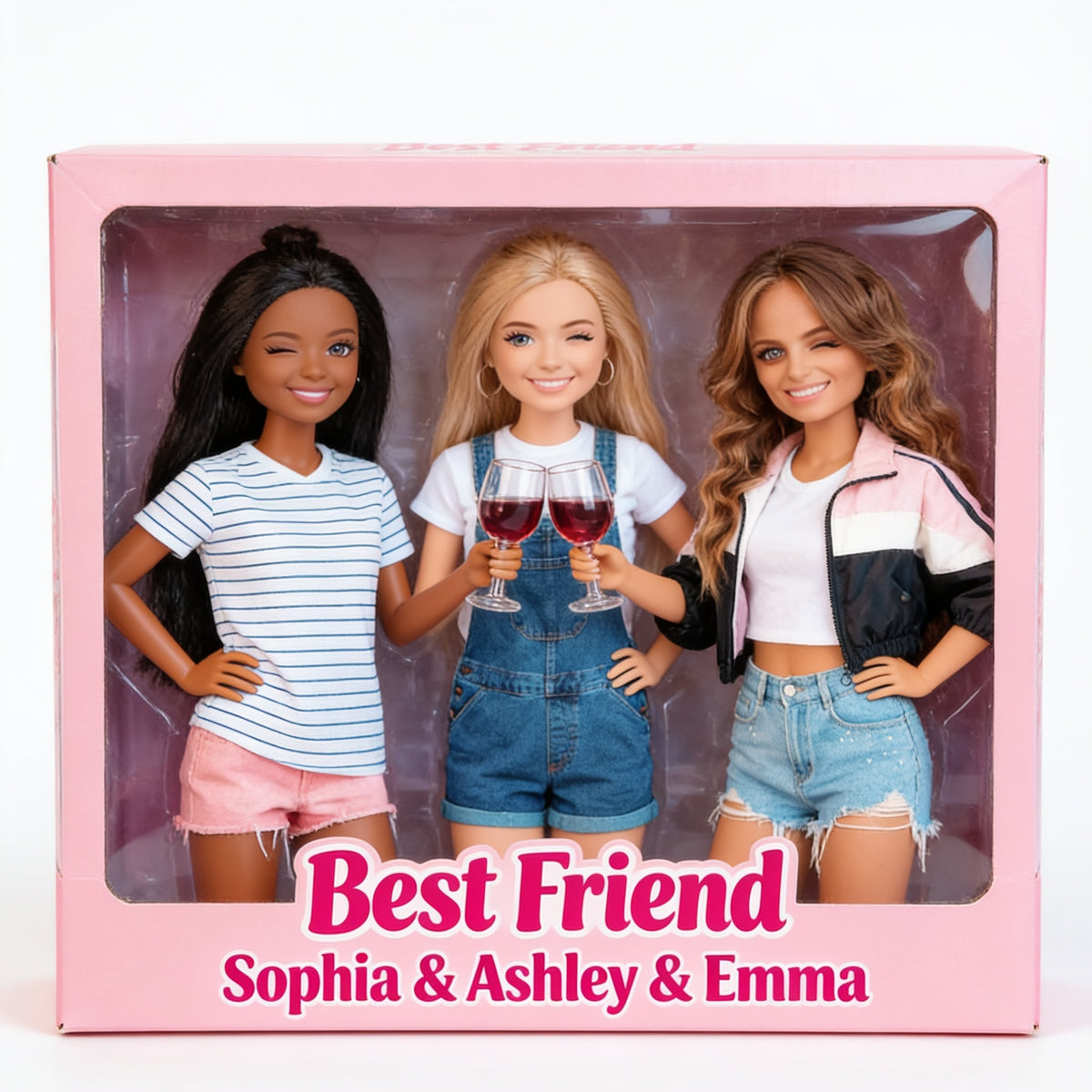 Personalisierte Beste Freundinnen Trio Puppen Figurenset - Individuelles Geschenk für Weinverkostung
