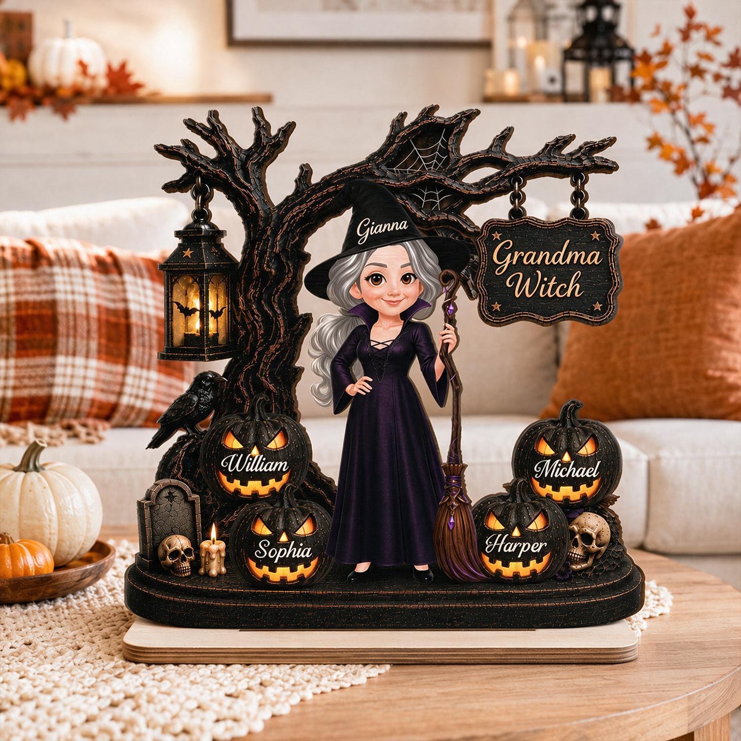 Personalized Grandma Witch Halloween Wooden Plaque With Grandkids Jack-O'-Lanterns - Custom Spooky Gift For Grandma