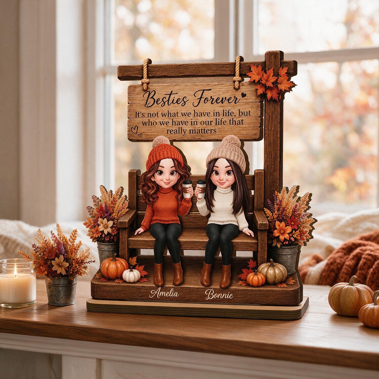 Personalized Fall Best Friends Forever Wooden Plaque - Custom Name Standing Desk Decor Gift for Bestie