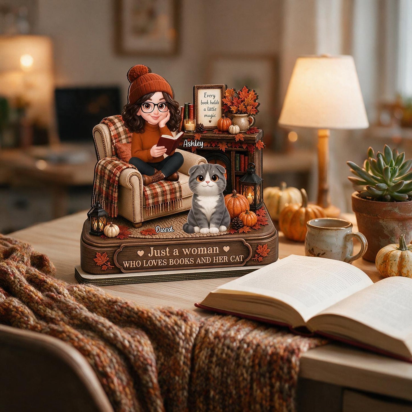 Herbst Just a Woman Who Loves Books and Her Cat Personalisierte 2-Layer Holzplakette - Geschenk für Katzenliebhaber