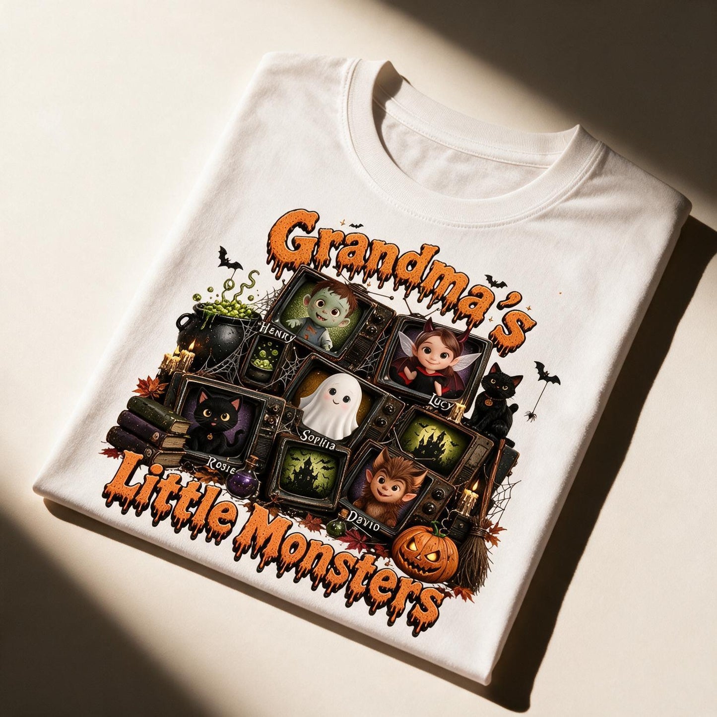 Grandma's Little Monsters Halloween Personalized Shirt - Vintage TV Grandkids Spooky Gift for Grandma