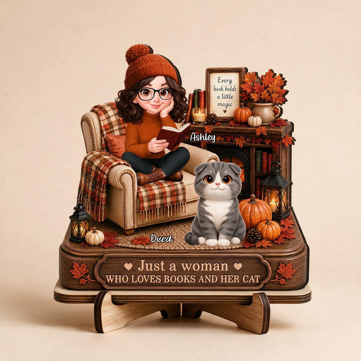Herbst Just a Woman Who Loves Books and Her Cat Personalisierte 2-Layer Holzplakette - Geschenk für Katzenliebhaber