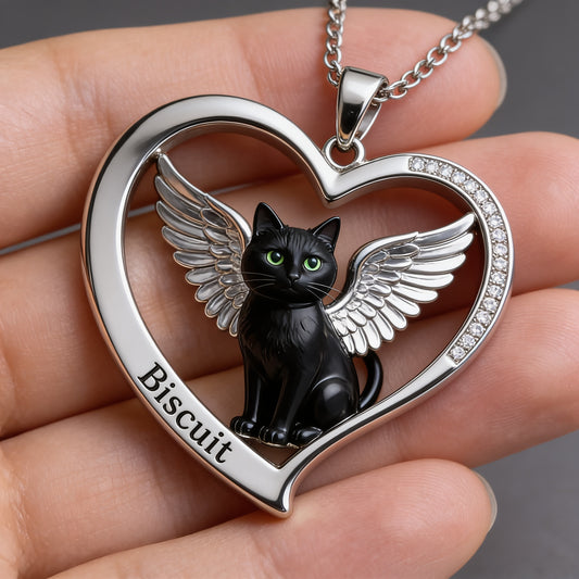 Black Cat Angel Wings Heart Necklace, Personalized Pet Loss Memorial Jewelry Gift for Cat Lovers