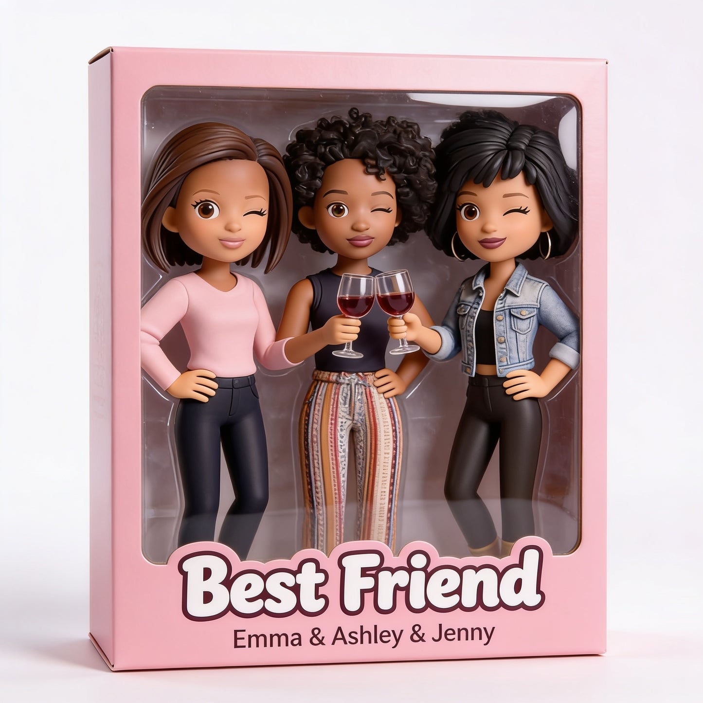 Personalisierte Schwarze Bestie Trio Puppenfigur Set - Individuelles Geschenk für beste Freundinnen beim Weinverkostung
