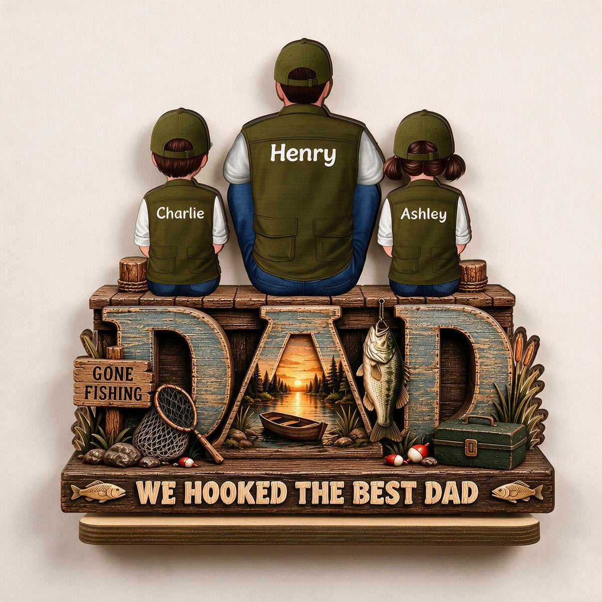 We Hooked The Best Dad Personalized 2-Layered Wooden Plaque - Father's Day Gift for Fishing Dad with Kids Names