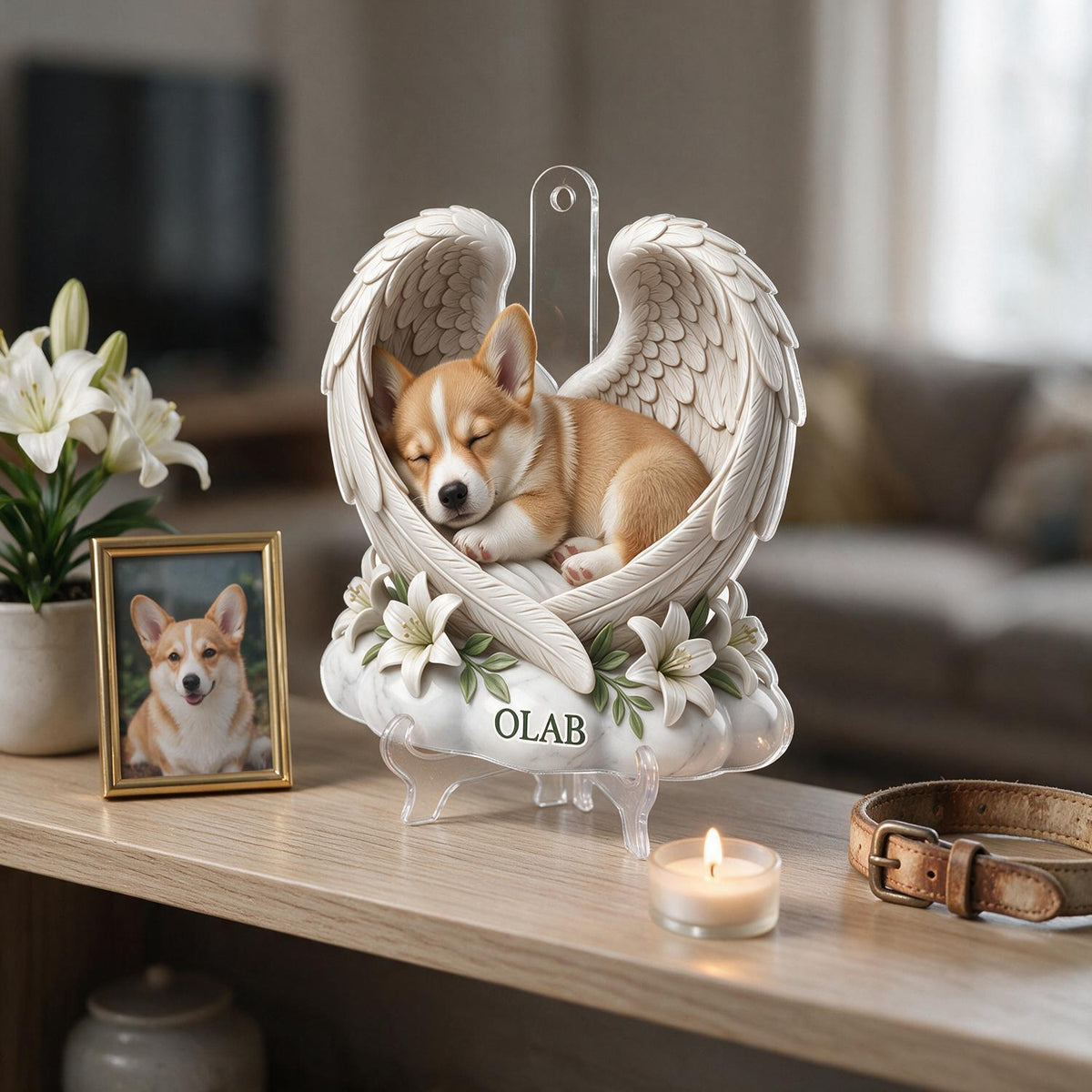 Personalized Sleeping Corgi Angel Wings Acrylic Ornament - Custom Name Pet Memorial Gift for Dog Lovers
