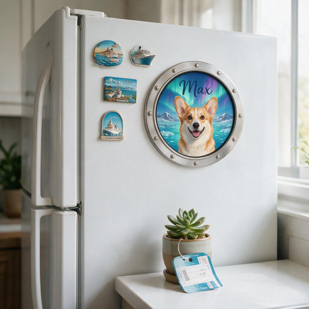 Personalized Smiling Corgi Peeking Porthole Cruise Door Magnet - Pet Lover Travel Keepsake