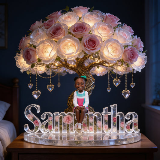 Personalized Any Photo Acrylic LED Night Light - Custom Rose Tree Bedside Lamp Aesthetic Floral Desk Decor Gift for Black Girls Nursery Room