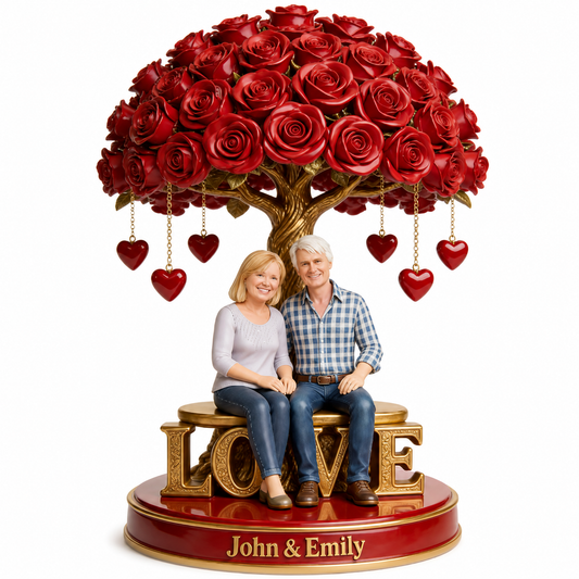 Custom Personalized Old Couple Figurine Statue under Red Rose Heart Tree, Engraved Name Anniversary Wedding Gift Home Decor Sculpture