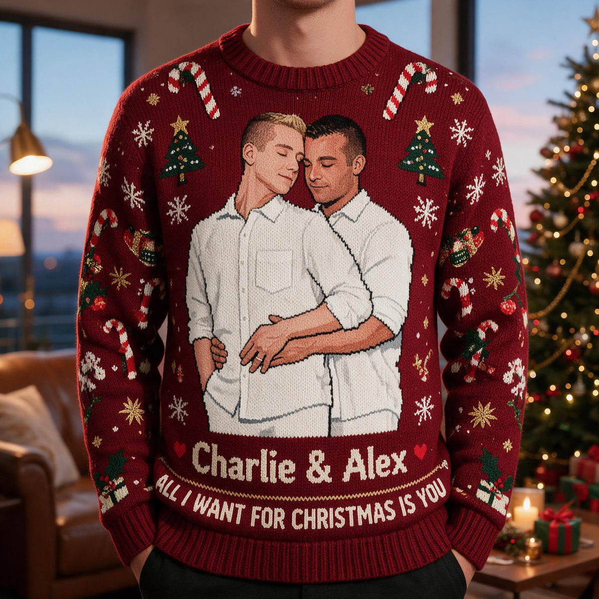 Personalized Christmas Gay Couple Ugly Sweater LGBT Anniversary Gift