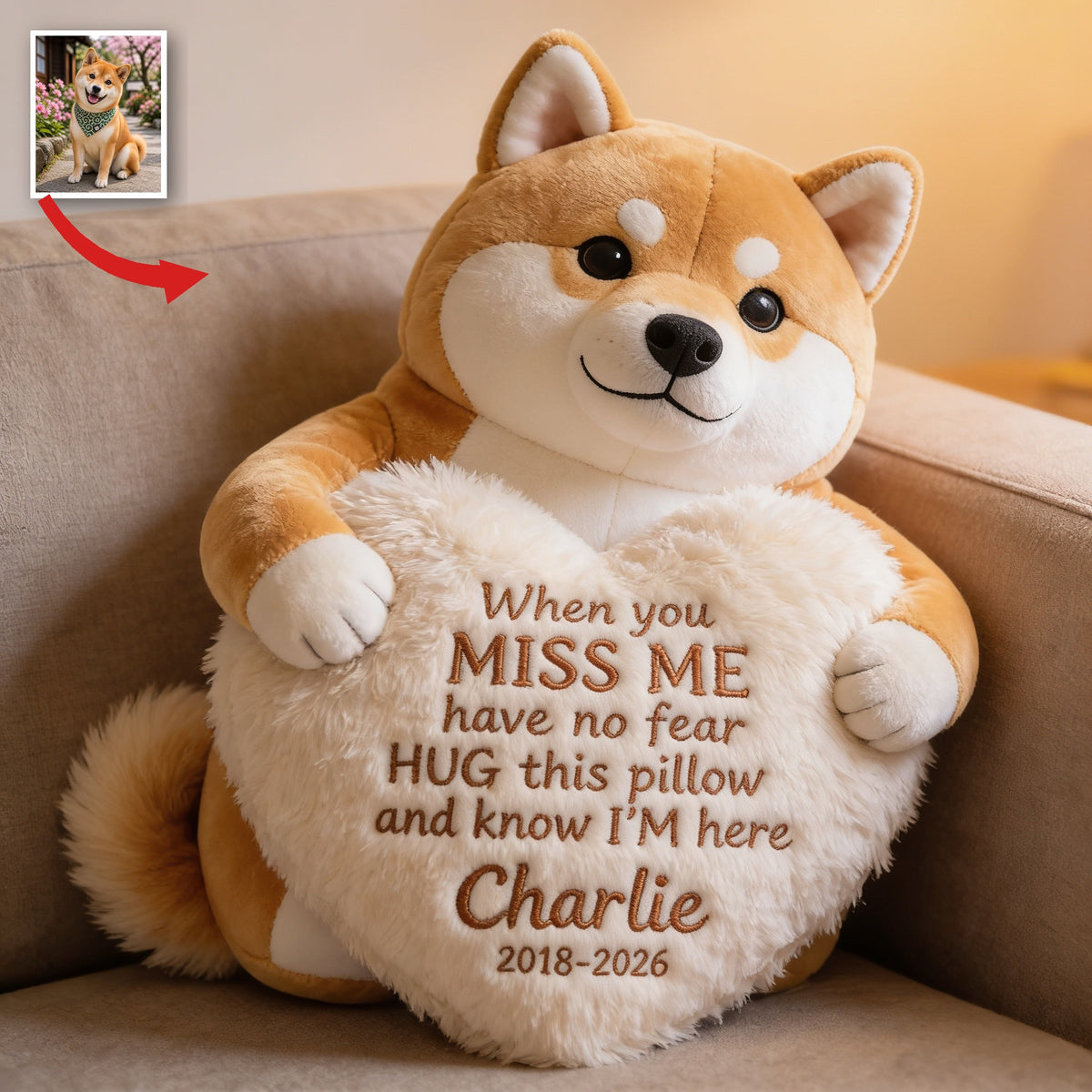 Personalized Tan White Adult Shiba Inu Memorial Faux Fur Shaped Pillow Pet Loss Gift