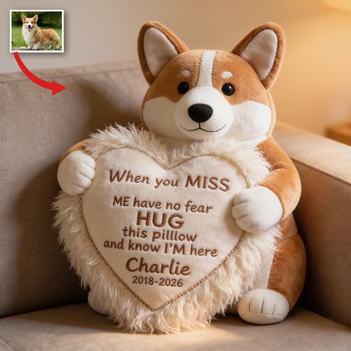 Personalized Tan and White Pembroke Welsh Corgi Memorial Faux Fur Pillow
