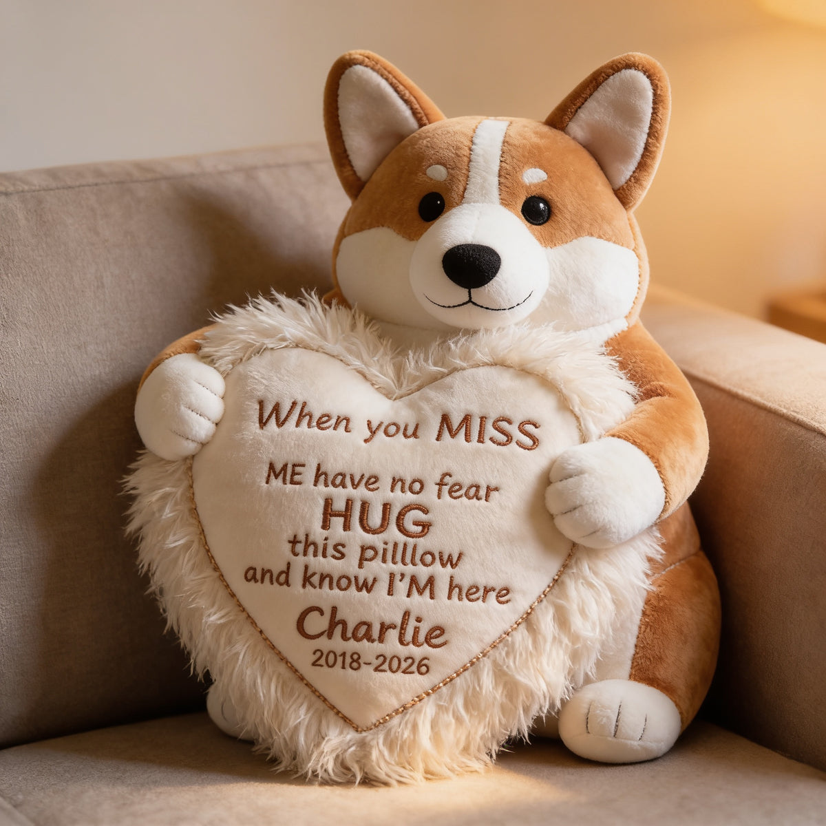 Personalized Tan and White Pembroke Welsh Corgi Memorial Faux Fur Pillow