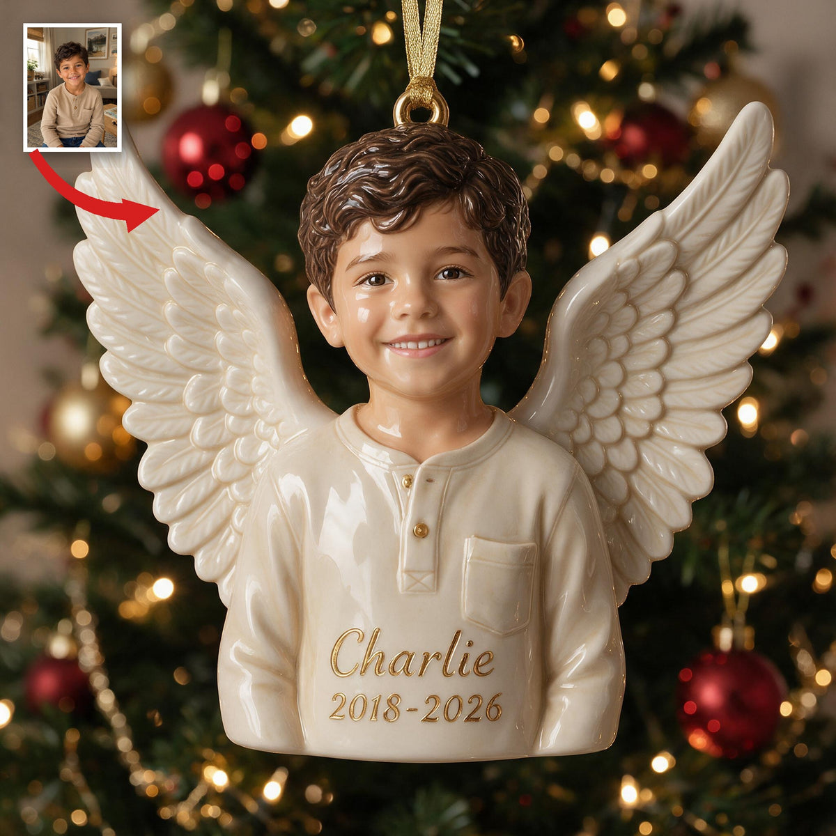 Personalized Christmas Latino Little Boy Angel 3D Memorial Ornament
