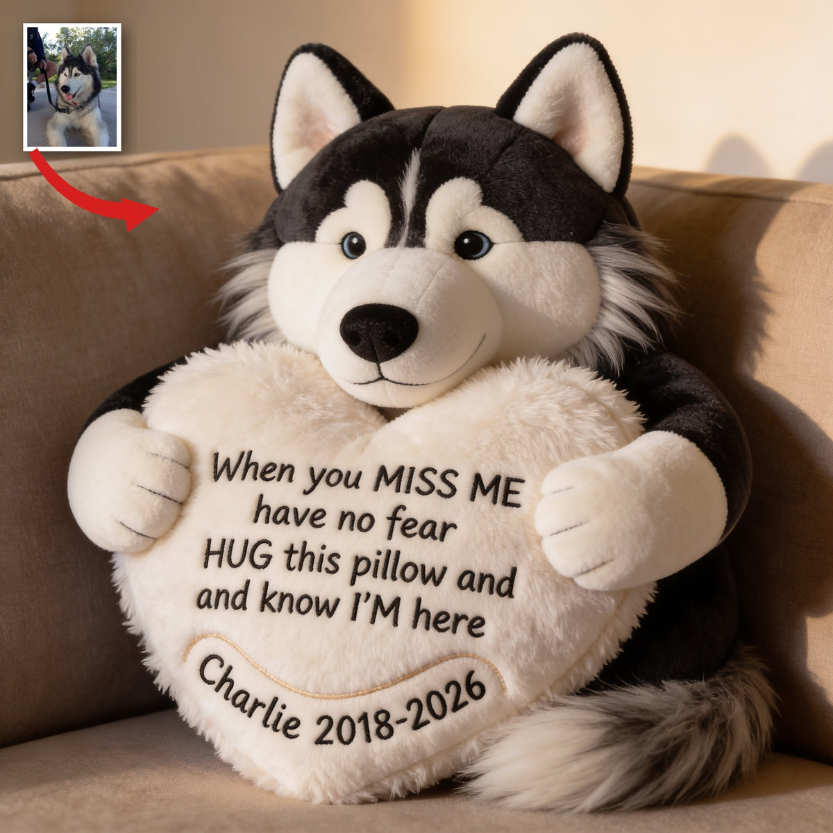 Personalized Siberian Husky Memorial Faux Fur Shaped Pillow Pet Loss Gift